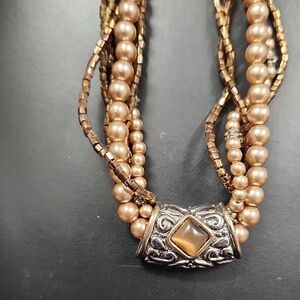 Multi-Strand Faux Pearl Necklace with Gold-Tone Accents